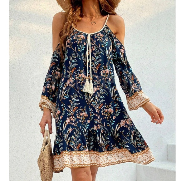 Rouge! Dresses & Skirts - Navy Blue Cold Shoulder Tassel Detail Loose Fitting Mini Dress Short Floral